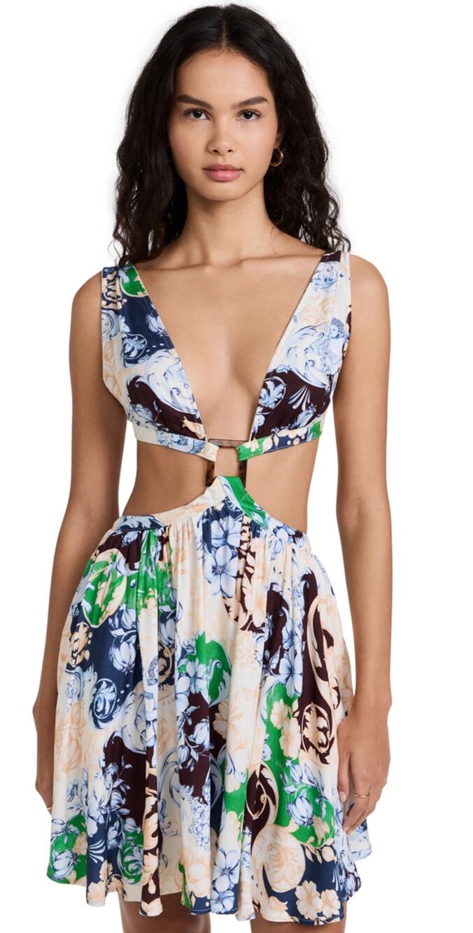 Agua Bendita Gillian Cardumen Floral Print Plunge Neck Cut Out Mini Dress Size L